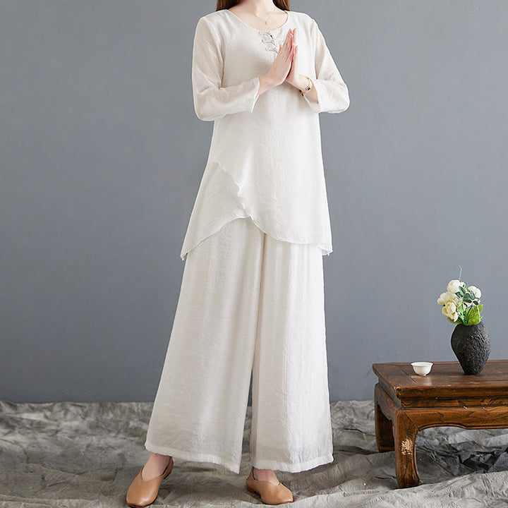Buddha Stones 2 piezas camisa de manga larga con botones de rana pantalones de pierna ancha ropa de lino de algodón para meditación