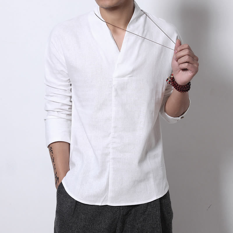 Camisa informal de manga larga con cuello en V y estampado de Buddha Stones para hombre. - Blanco - US/UK/AU44, UE 54 (5XL) - image 2