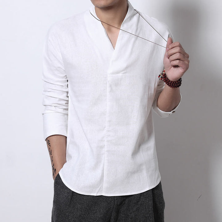 Camisa informal de manga larga con cuello en V y estampado de Buddha Stones para hombre. - Blanco - US/UK/AU44, UE 54 (5XL) - image 2
