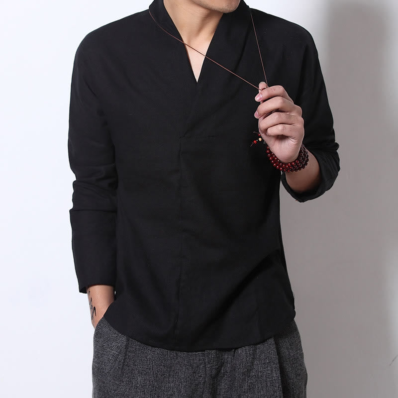 Camisa informal de manga larga con cuello en V y estampado de Buddha Stones para hombre. - image 5