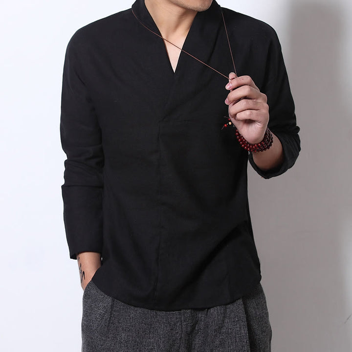 Camisa informal de manga larga con cuello en V y estampado de Buddha Stones para hombre. - image 5