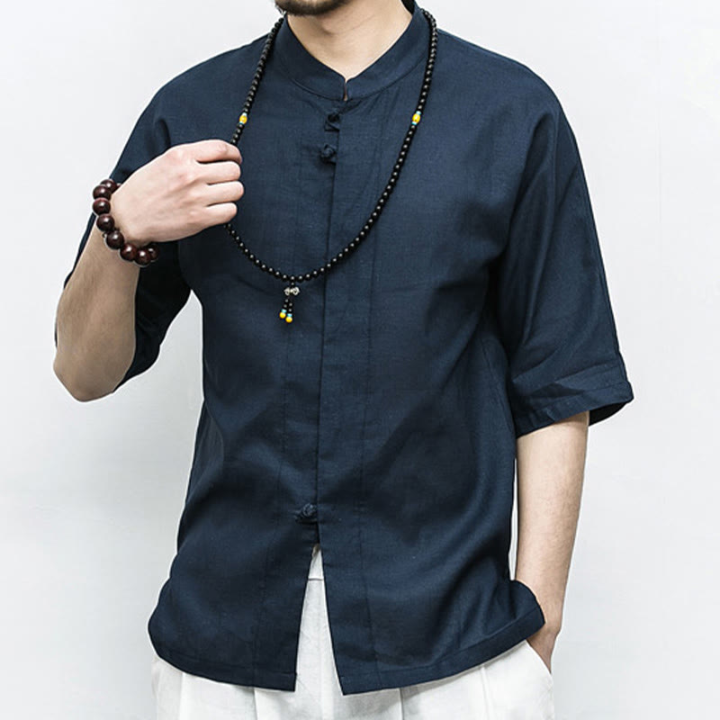 Buddha Stones Chino Rana Botón Tang Traje Zen Media Manga Camisa Lino Hombres Ropa - image 1