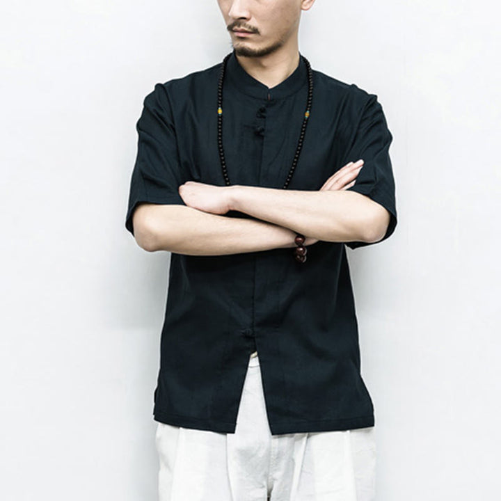 Buddha Stones Chino Rana Botón Tang Traje Zen Media Manga Camisa Lino Hombres Ropa - image 16