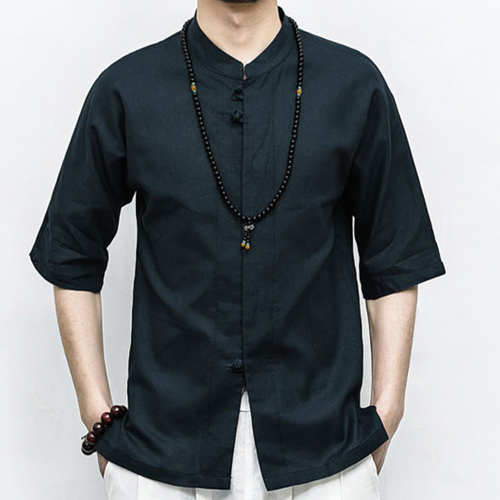 Buddha Stones Chino Rana Botón Tang Traje Zen Media Manga Camisa Lino Hombres Ropa - Negro - US/UK/AU46, EU56 (5XL)  - image 12