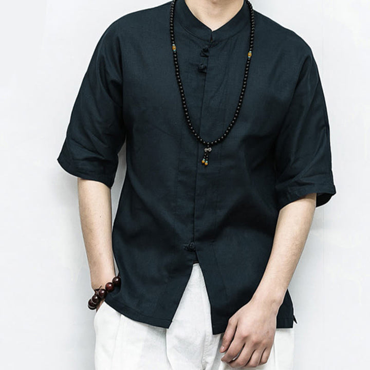 Buddha Stones Chino Rana Botón Tang Traje Zen Media Manga Camisa Lino Hombres Ropa - image 13