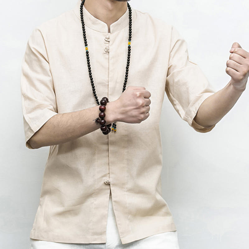 Buddha Stones Chino Rana Botón Tang Traje Zen Media Manga Camisa Lino Hombres Ropa - image 21