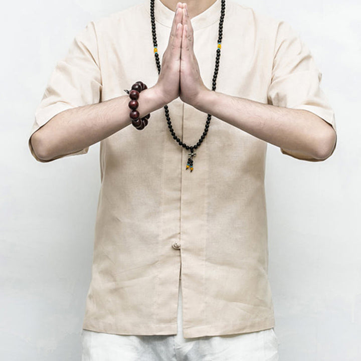 Buddha Stones Chino Rana Botón Tang Traje Zen Media Manga Camisa Lino Hombres Ropa - image 19