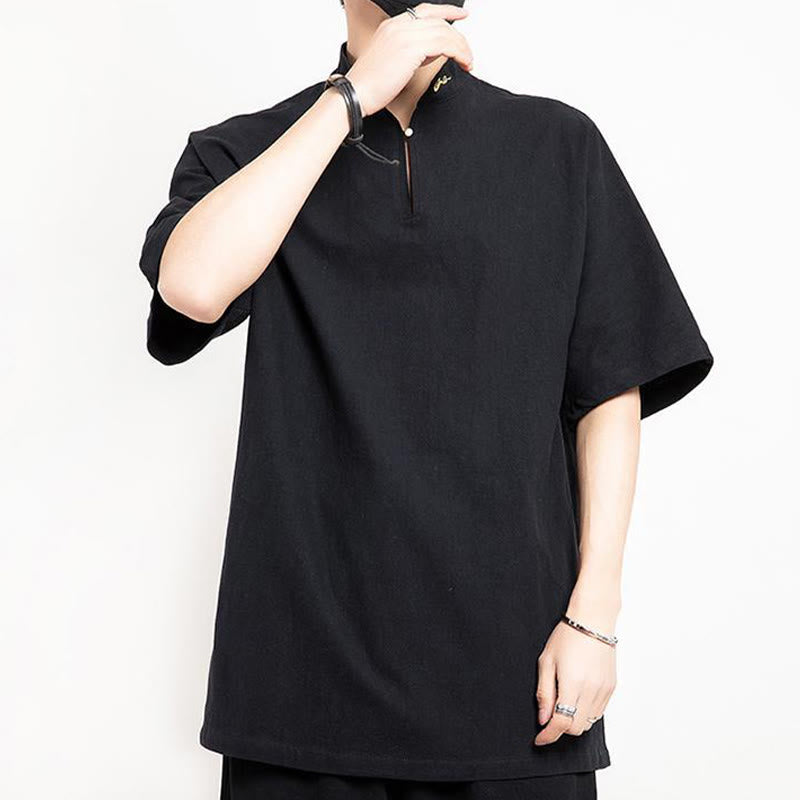 Traje Tang chino con Buddha Stones , camisa de media manga bordada, ropa de lino para hombre