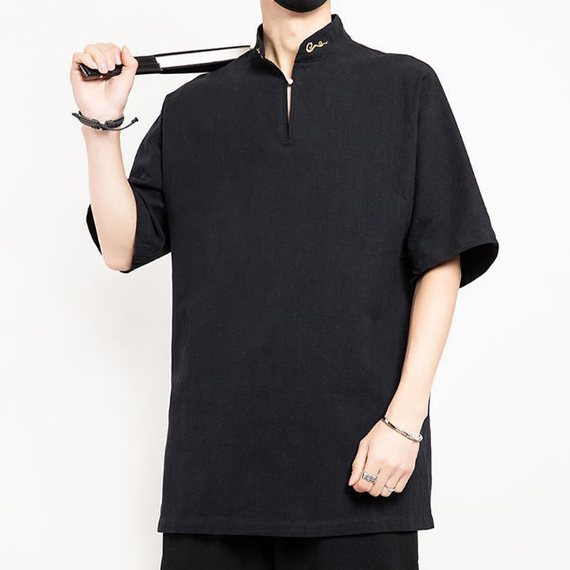 Traje Tang chino con Buddha Stones , camisa de media manga bordada, ropa de lino para hombre