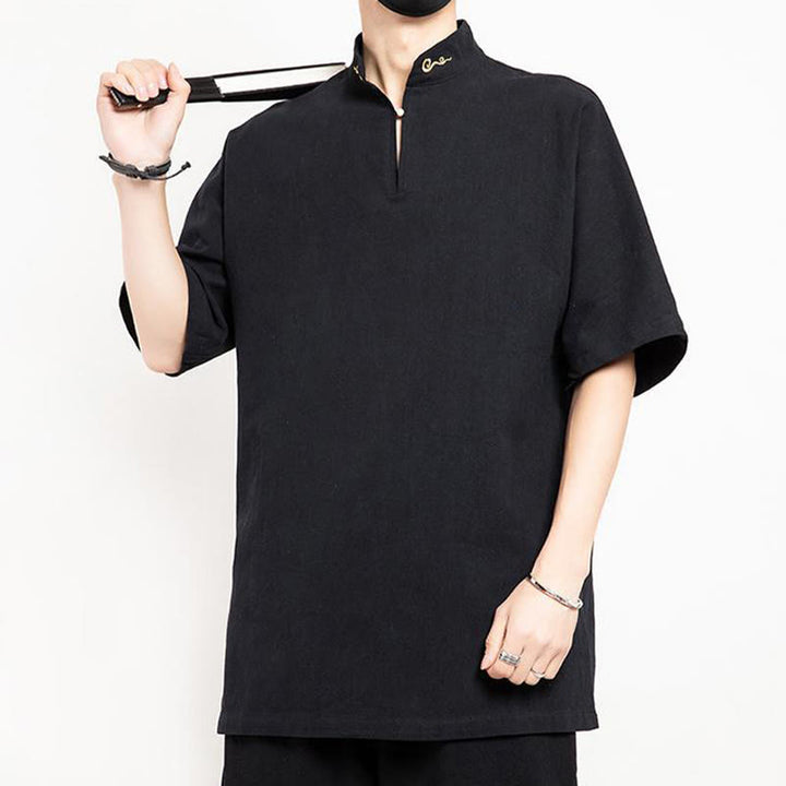 Traje Tang chino con Buddha Stones , camisa de media manga bordada, ropa de lino para hombre