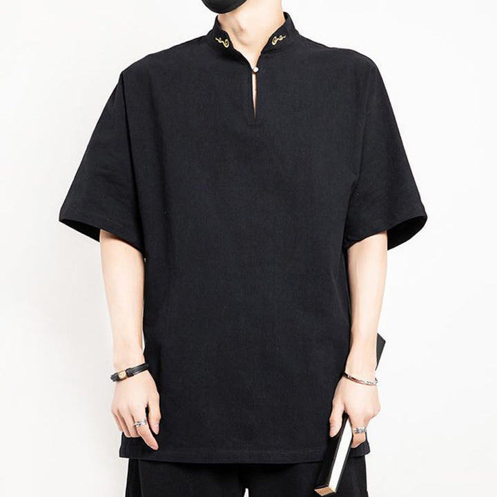 Traje Tang chino con Buddha Stones , camisa de media manga bordada, ropa de lino para hombre