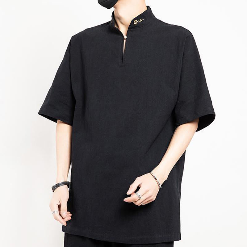 Traje Tang chino con Buddha Stones , camisa de media manga bordada, ropa de lino para hombre