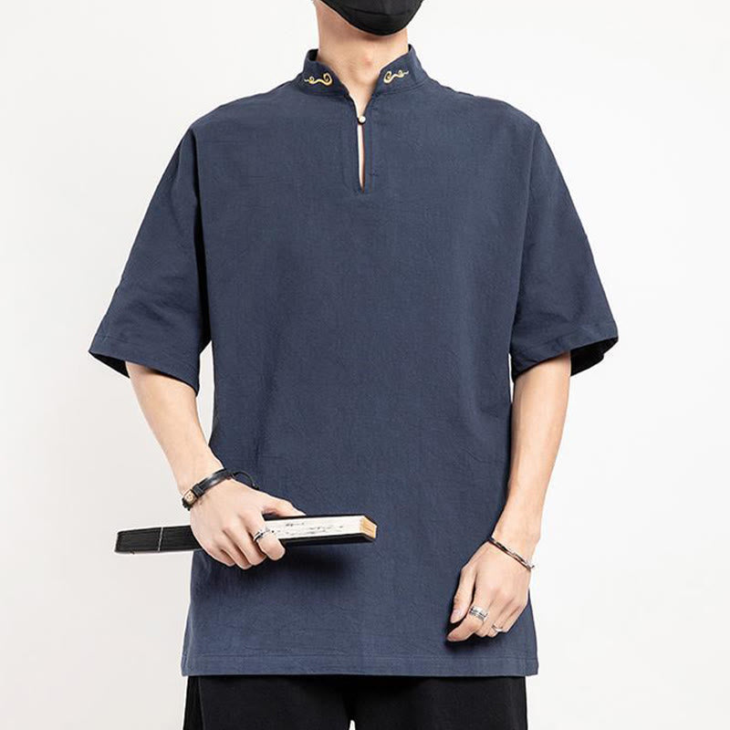 Traje Tang chino con Buddha Stones , camisa de media manga bordada, ropa de lino para hombre