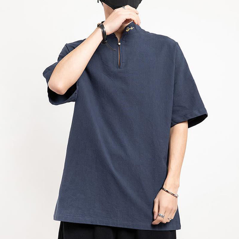 Traje Tang chino con Buddha Stones , camisa de media manga bordada, ropa de lino para hombre