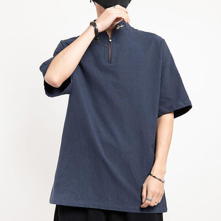 Traje Tang chino con Buddha Stones , camisa de media manga bordada, ropa de lino para hombre