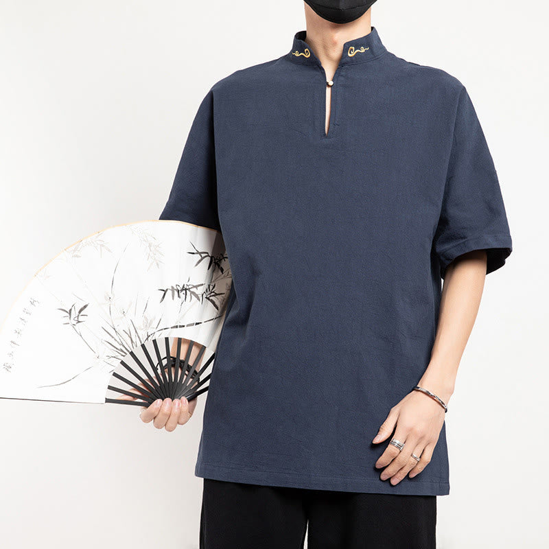 Traje Tang chino con Buddha Stones , camisa de media manga bordada, ropa de lino para hombre