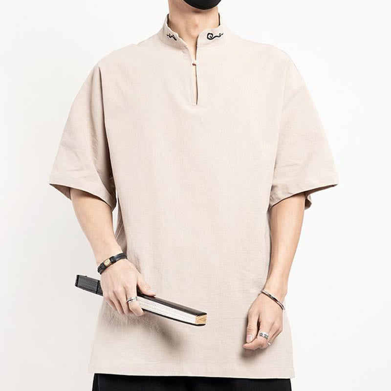 Traje Tang chino con Buddha Stones , camisa de media manga bordada, ropa de lino para hombre