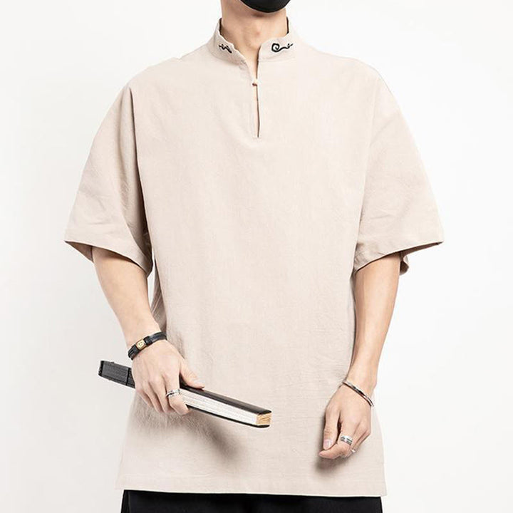 Traje Tang chino con Buddha Stones , camisa de media manga bordada, ropa de lino para hombre