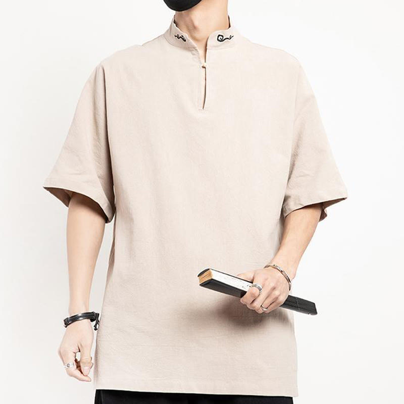 Traje Tang chino con Buddha Stones , camisa de media manga bordada, ropa de lino para hombre