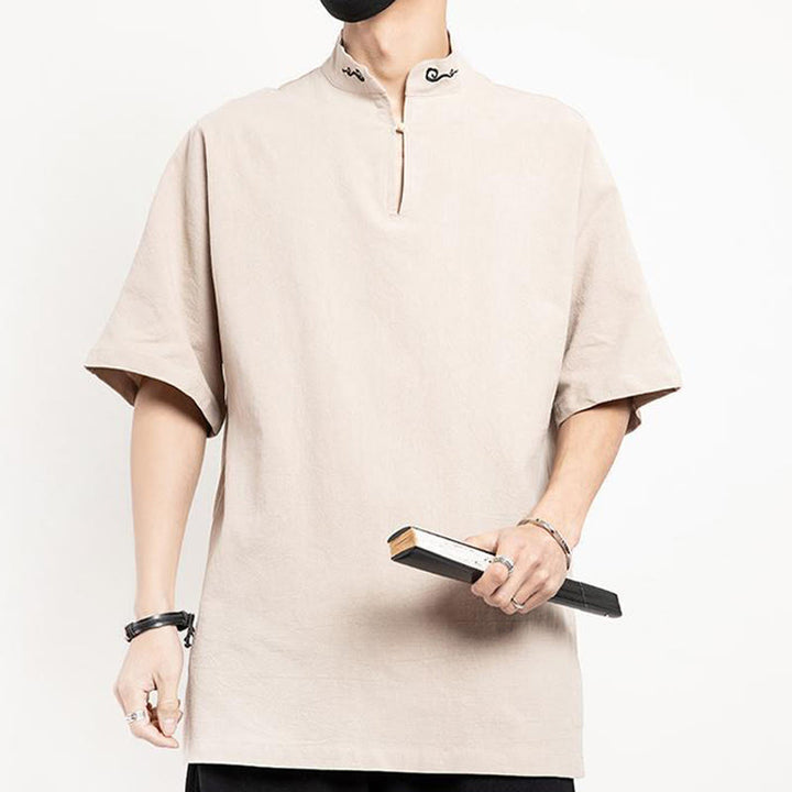 Traje Tang chino con Buddha Stones , camisa de media manga bordada, ropa de lino para hombre