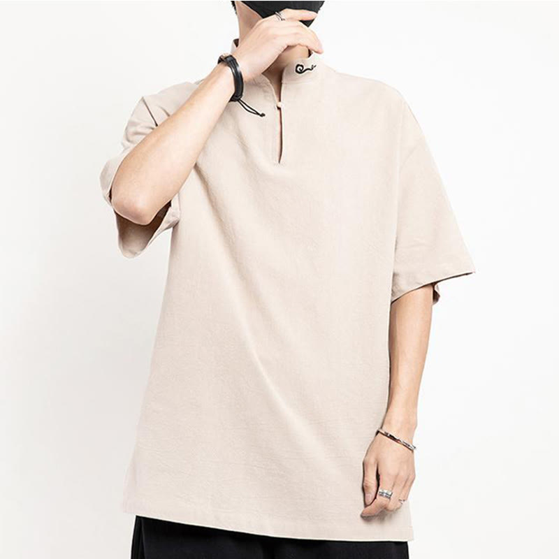 Traje Tang chino con Buddha Stones , camisa de media manga bordada, ropa de lino para hombre