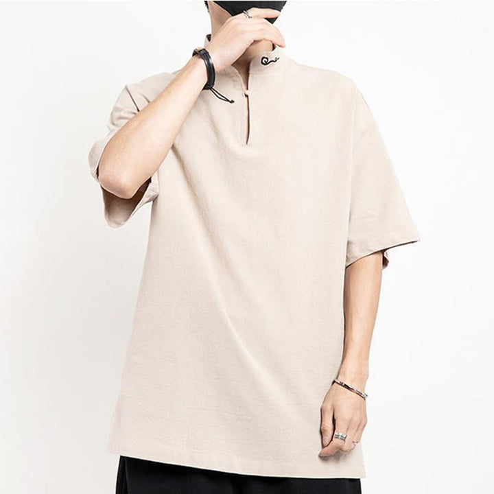 Traje Tang chino con Buddha Stones , camisa de media manga bordada, ropa de lino para hombre