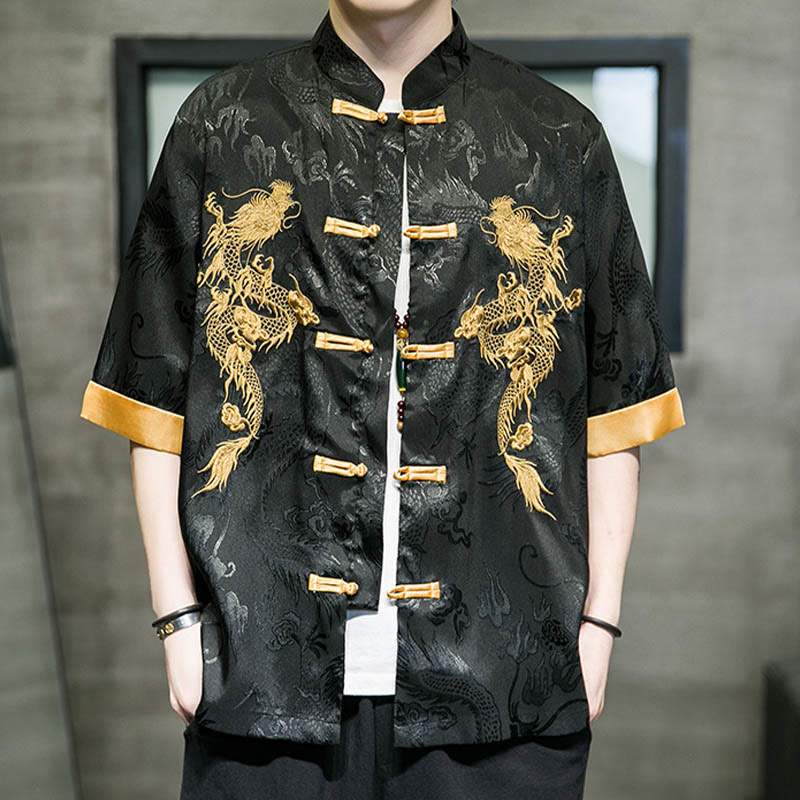 Camisa de media manga con bordado de dragón chino con botones de Buddha Stones , ropa de lino para hombre - image 1