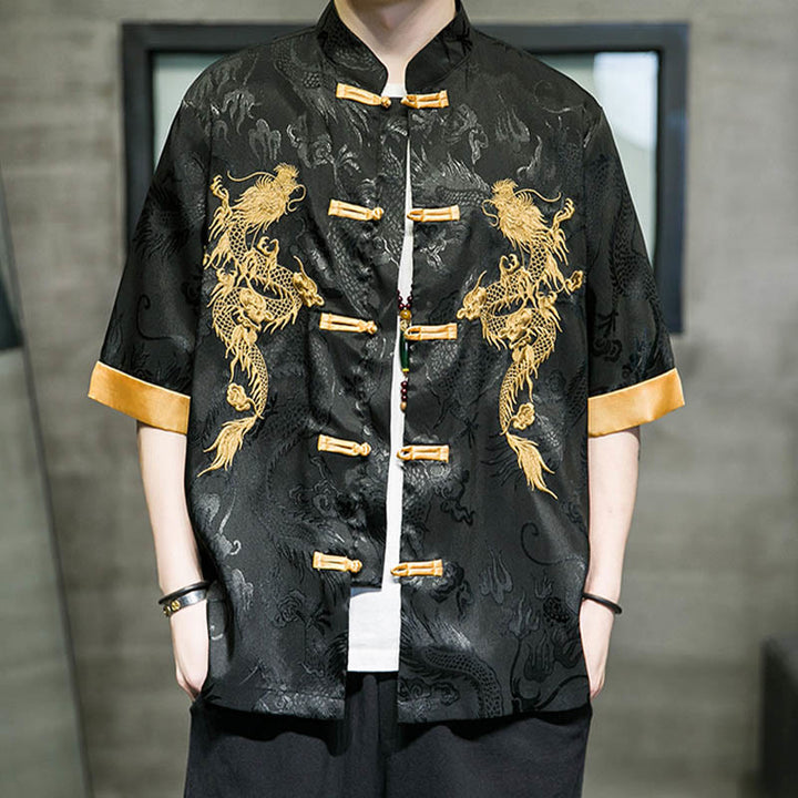 Camisa de media manga con bordado de dragón chino con botones de Buddha Stones , ropa de lino para hombre - image 5