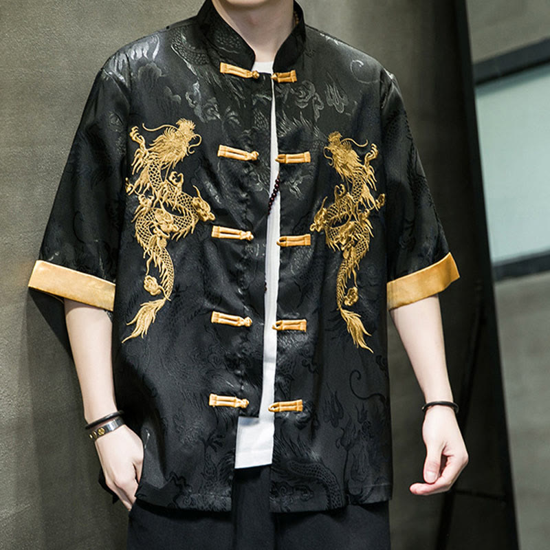 Camisa de media manga con bordado de dragón chino con botones de Buddha Stones , ropa de lino para hombre - image 10