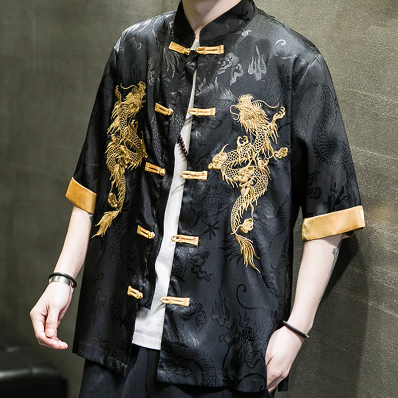 Camisa de media manga con bordado de dragón chino con botones de Buddha Stones , ropa de lino para hombre - image 3