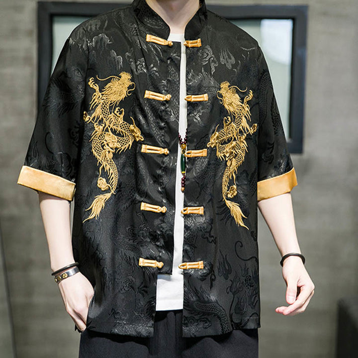 Camisa de media manga con bordado de dragón chino con botones de Buddha Stones , ropa de lino para hombre - image 8