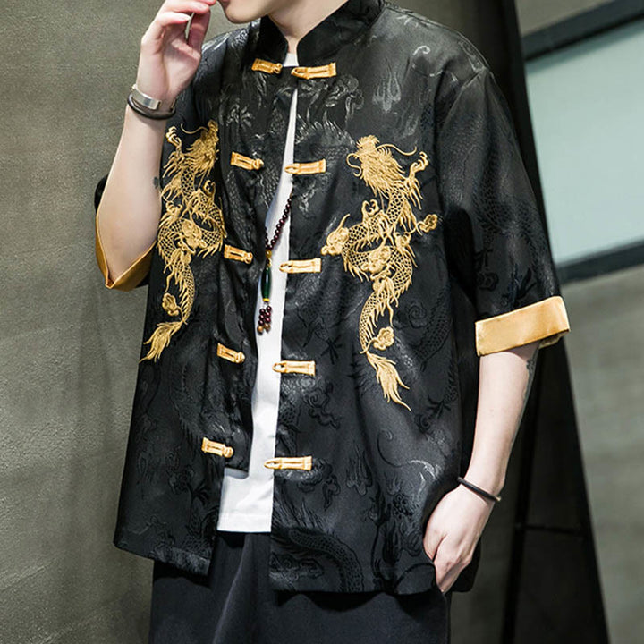 Camisa de media manga con bordado de dragón chino con botones de Buddha Stones , ropa de lino para hombre - image 9