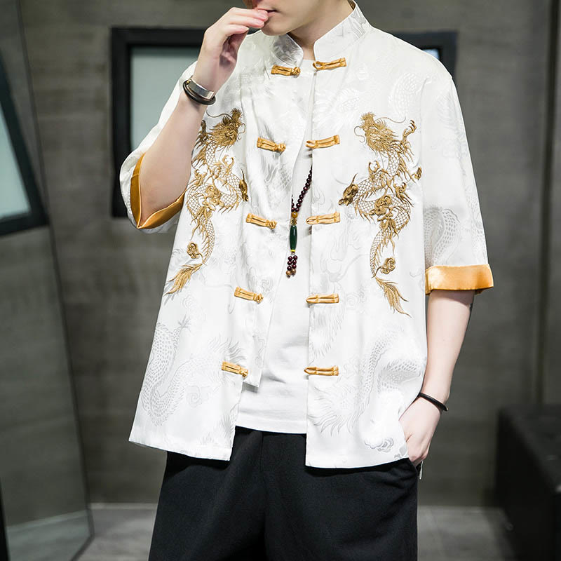 Camisa de media manga con bordado de dragón chino con botones de Buddha Stones , ropa de lino para hombre - Blanco - US/UK/AU48，EU58(5XL)  - image 11