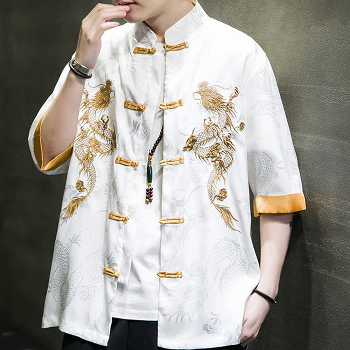 Camisa de media manga con bordado de dragón chino con botones de Buddha Stones , ropa de lino para hombre - image 15