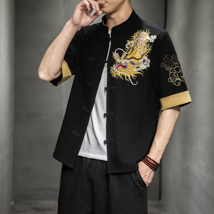 Camisa de media manga con bordado de nubes para hombre, ropa de algodón y lino, dragón chino con botones de Buddha Stones - image 5