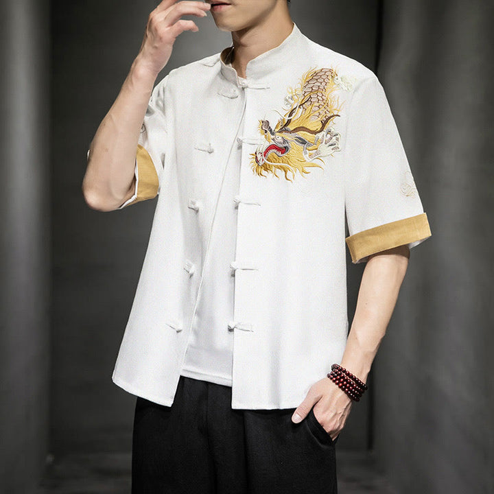 Camisa de media manga con bordado de nubes para hombre, ropa de algodón y lino, dragón chino con botones de Buddha Stones - image 25