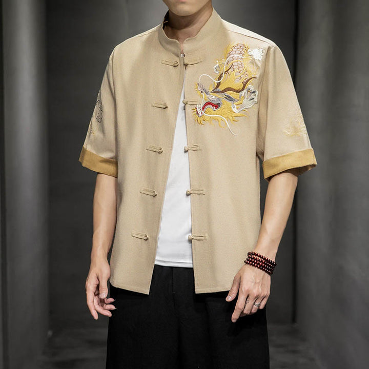 Camisa de media manga con bordado de nubes para hombre, ropa de algodón y lino, dragón chino con botones de Buddha Stones - image 27