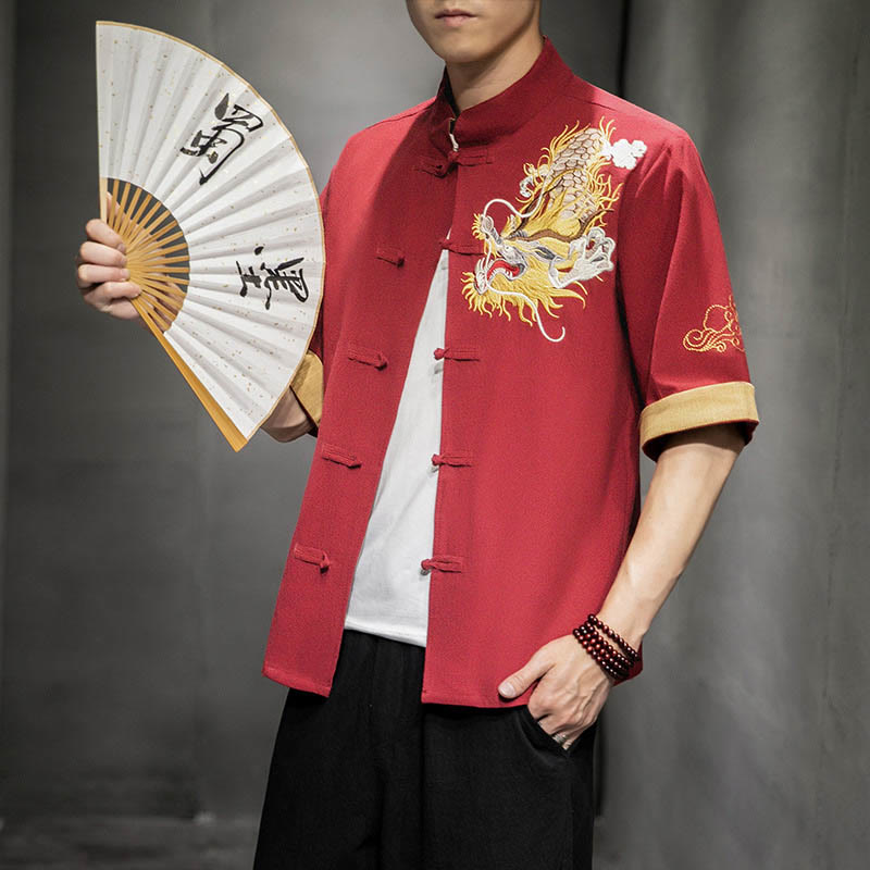 Camisa de media manga con bordado de nubes para hombre, ropa de algodón y lino, dragón chino con botones de Buddha Stones - image 13