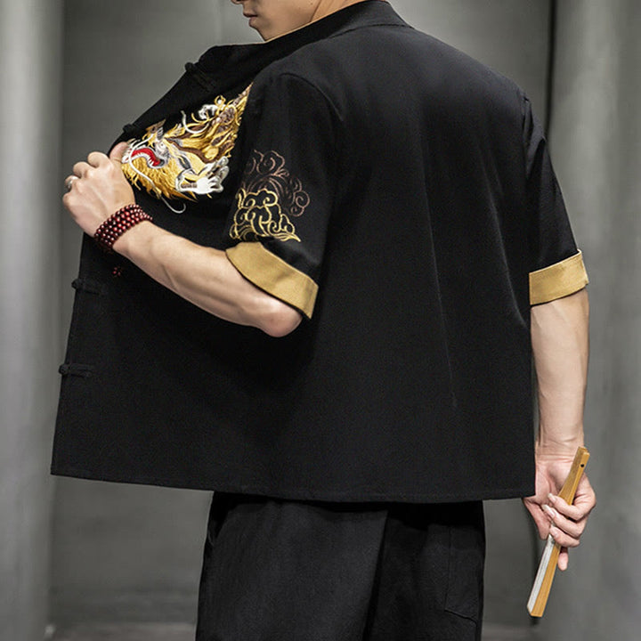 Camisa de media manga con bordado de nubes para hombre, ropa de algodón y lino, dragón chino con botones de Buddha Stones - image 2