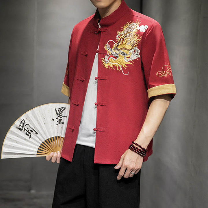 Camisa de media manga con bordado de nubes para hombre, ropa de algodón y lino, dragón chino con botones de Buddha Stones - Tomate - US/UK/AU44, UE 54 (5XL)  - image 12