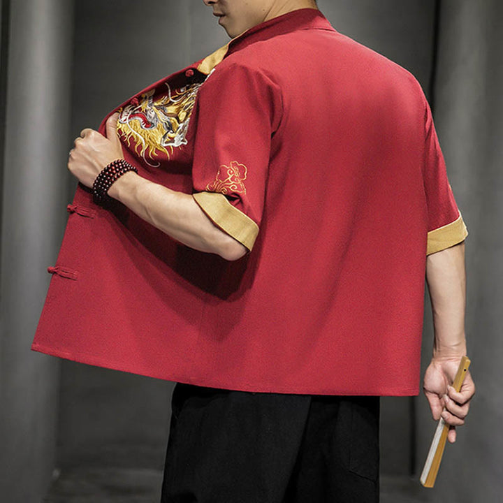 Camisa de media manga con bordado de nubes para hombre, ropa de algodón y lino, dragón chino con botones de Buddha Stones - image 14