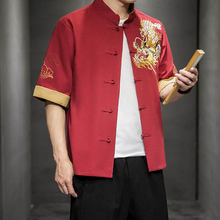 Camisa de media manga con bordado de nubes para hombre, ropa de algodón y lino, dragón chino con botones de Buddha Stones - image 15