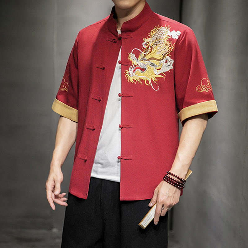 Camisa de media manga con bordado de nubes para hombre, ropa de algodón y lino, dragón chino con botones de Buddha Stones - image 18