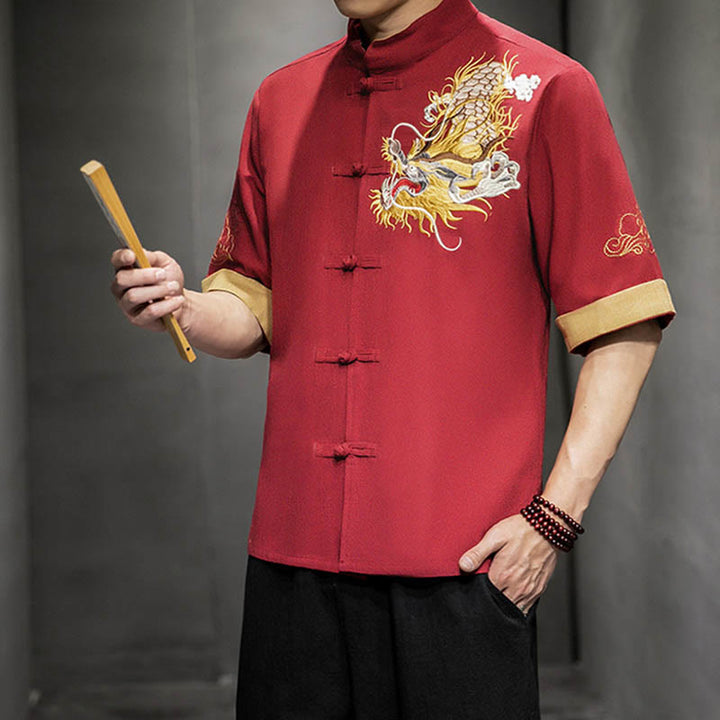 Camisa de media manga con bordado de nubes para hombre, ropa de algodón y lino, dragón chino con botones de Buddha Stones - image 16