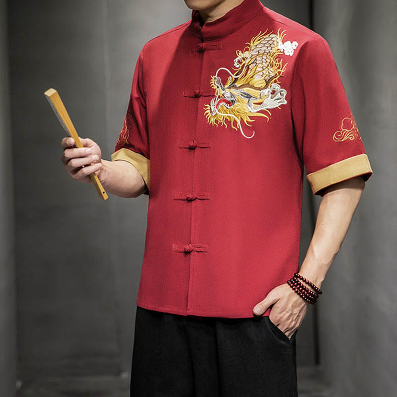 Camisa de media manga con bordado de nubes para hombre, ropa de algodón y lino, dragón chino con botones de Buddha Stones - image 16