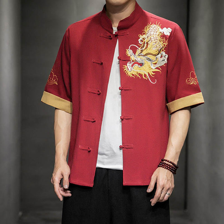 Camisa de media manga con bordado de nubes para hombre, ropa de algodón y lino, dragón chino con botones de Buddha Stones - image 17