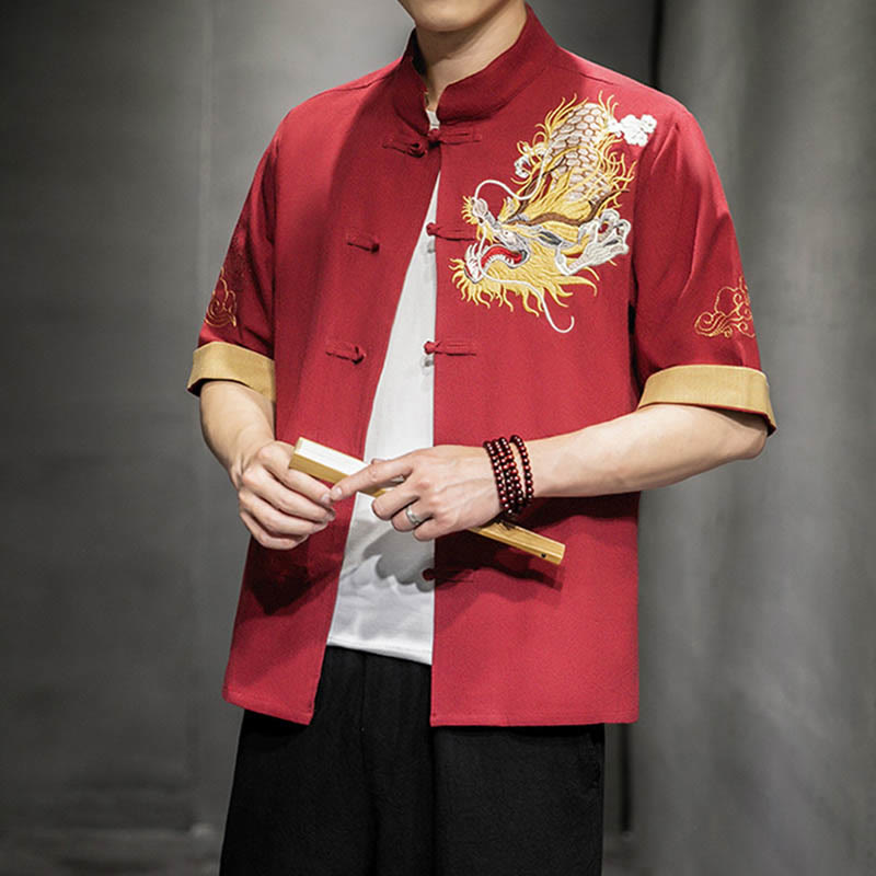 Camisa de media manga con bordado de nubes para hombre, ropa de algodón y lino, dragón chino con botones de Buddha Stones - image 19
