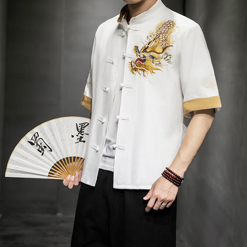 Camisa de media manga con bordado de nubes para hombre, ropa de algodón y lino, dragón chino con botones de Buddha Stones - Blanco - US/UK/AU44, UE 54 (5XL)  - image 20