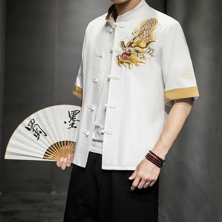 Camisa de media manga con bordado de nubes para hombre, ropa de algodón y lino, dragón chino con botones de Buddha Stones - Blanco - US/UK/AU44, UE 54 (5XL)  - image 20