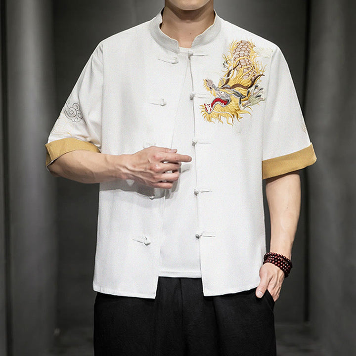 Camisa de media manga con bordado de nubes para hombre, ropa de algodón y lino, dragón chino con botones de Buddha Stones - image 23